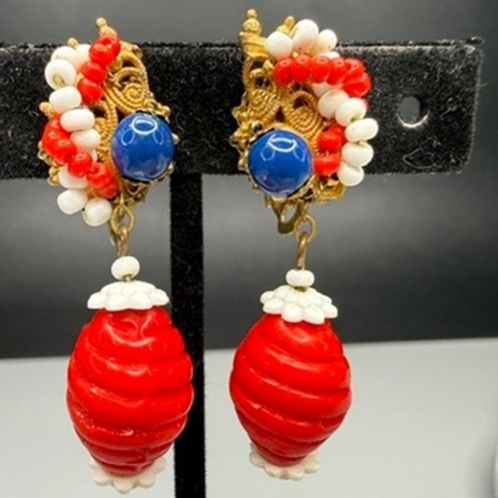 VTG Miriam Haskell Red White Blue Glass Bead Dangle Earrings Patriotic Signed